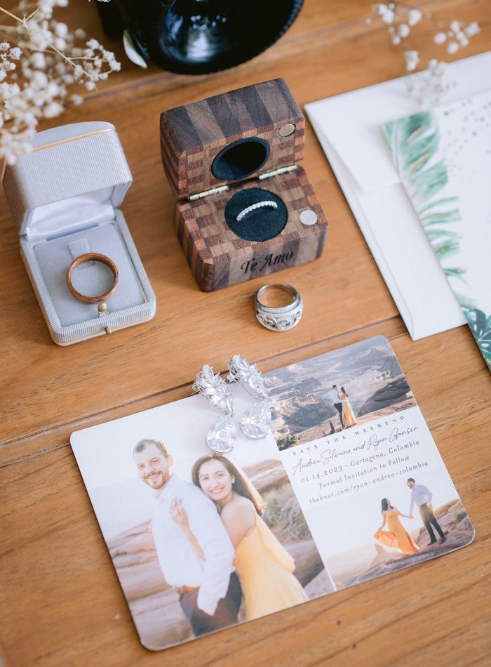 Wedding rings and stationery detail — artful curation, Cartagena destination wedding