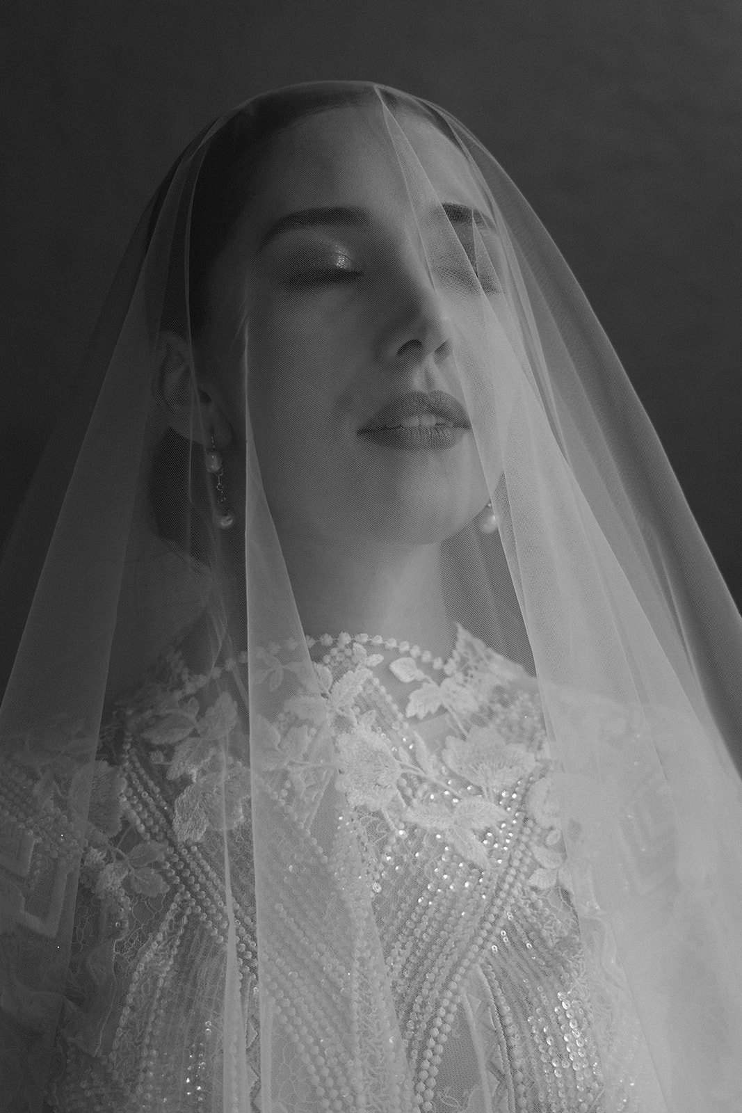 Black and white bridal veil portrait