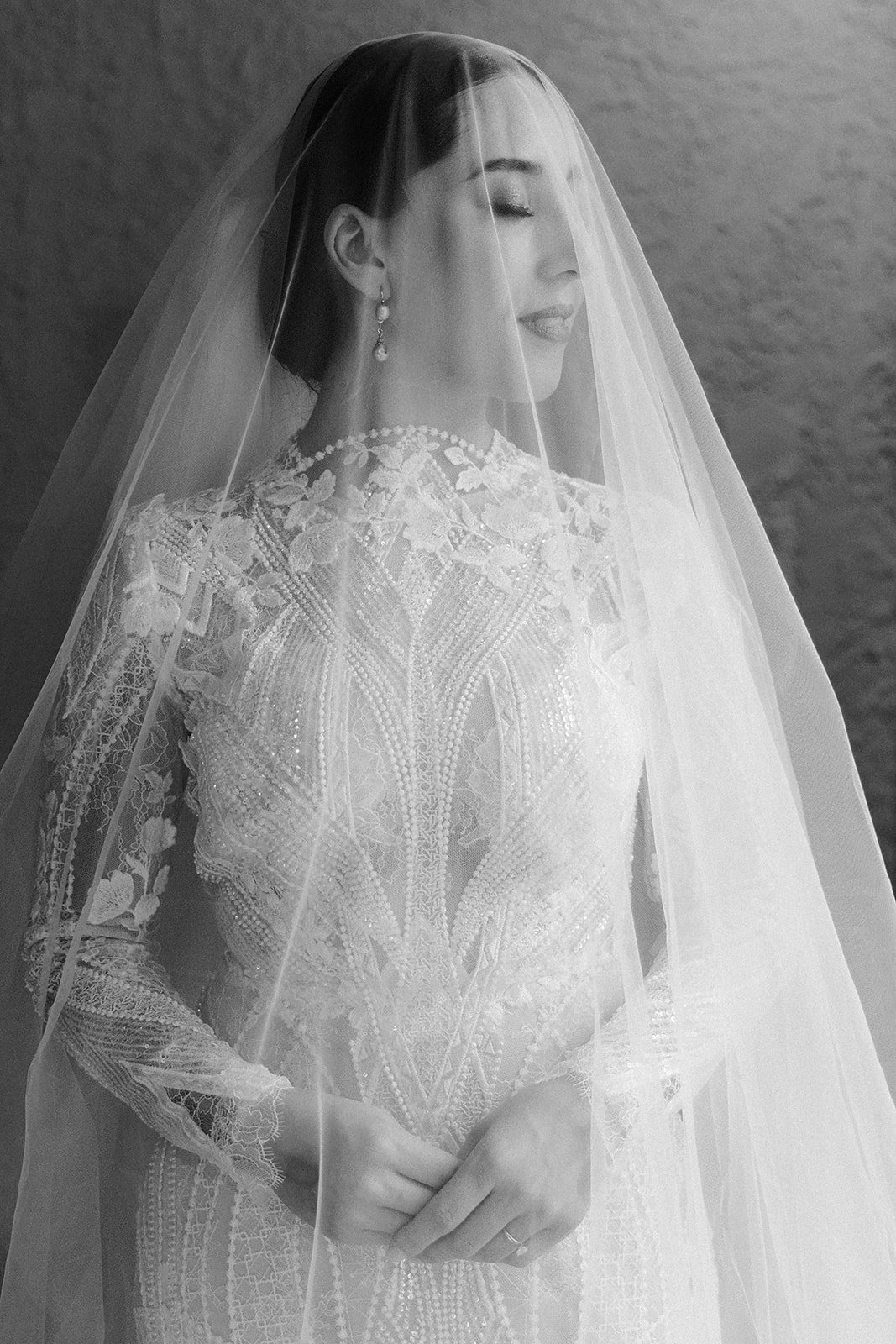 Black and white bridal veil portrait, elegant